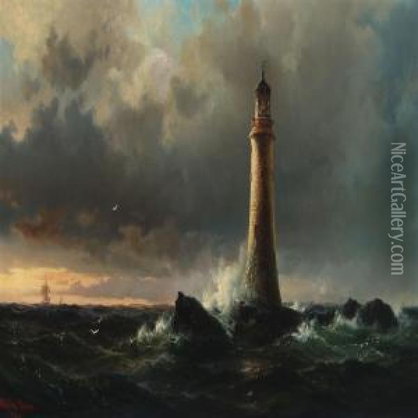Marine With Edystonelighthouse And Sailboats Oil Painting - Vilhelm Melbye