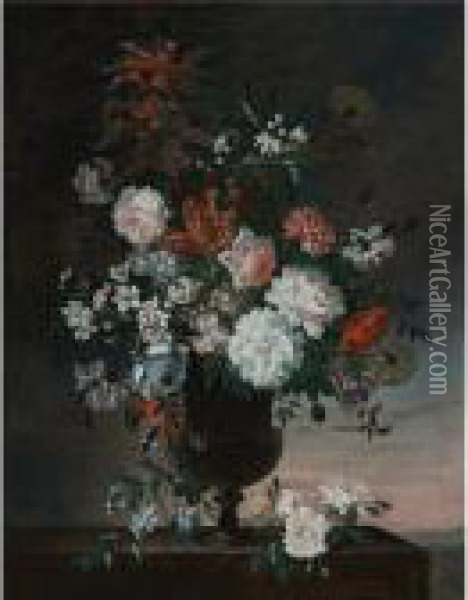 Carnations, Roses And Other Flowers In An Urn, A Sunrise Beyond Oil Painting - Jean Baptiste Belin de Fontenay