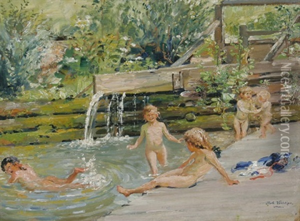 Sommertag Mit Badenden Kindern An Einem Bach Oil Painting - Robert Voelcker