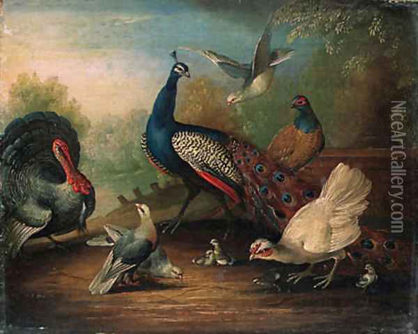 A Peacock, a Turkey, a Hen, Doves, Chicks and a Pheasant by a Lake Oil Painting - Marmaduke Cradock