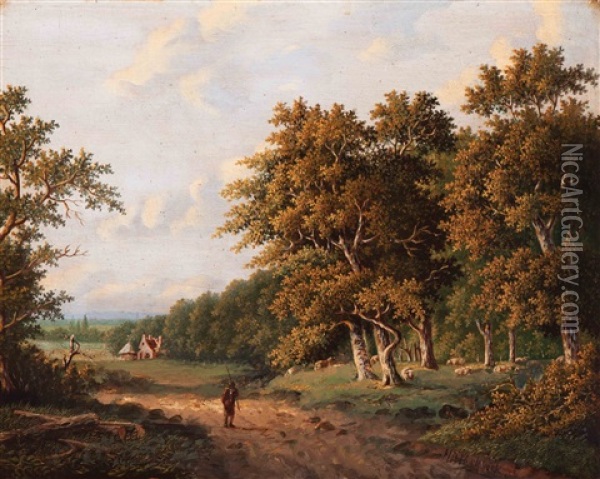 Shepherd With His Flock In A Wooded Landscape Oil Painting - Hendrik Pieter Koekkoek