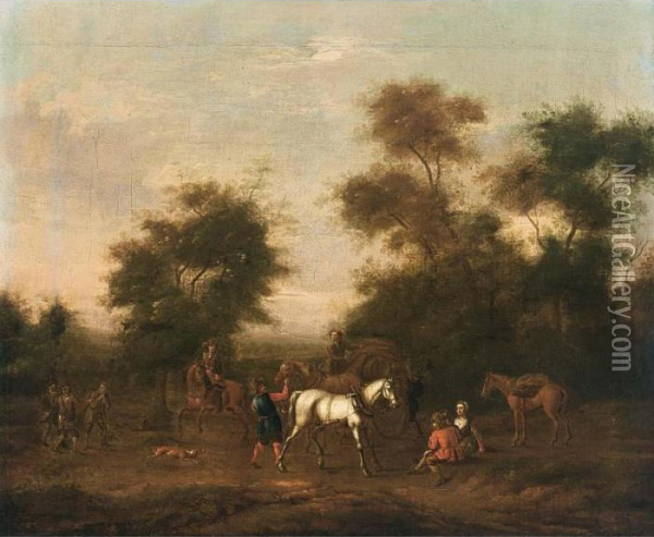 Peasant With Cattle Resting By A River Oil Painting - Jacob Van Stry