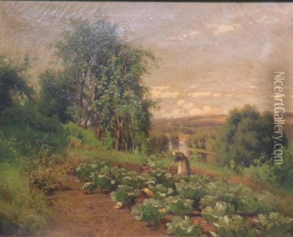 Tending The Garden Oil Painting - Hermann Gustave Simon