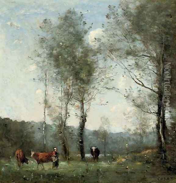 Ville D'Avray, Gardeuse de vaches dans une clairiere pres de l'Etang Oil Painting - Jean-Baptiste-Camille Corot