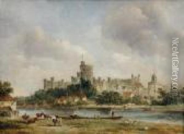 View Of Windsor Castle From The River With Boatmen Oil Painting - Alfred Vickers