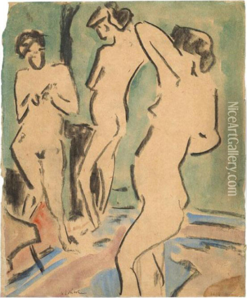Drei Nackte Madchen Im Raum - Drei Akte Im Zimmer Oil Painting - Ernst Ludwig Kirchner