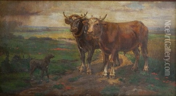 Cattle And Dog In Landscape Oil Painting - Georgia Timken Fry
