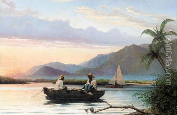 Figures Boating On A Lake In Haiti This Lot Contains 1 Item(s). Oil Painting - Hans Christian Koefoed