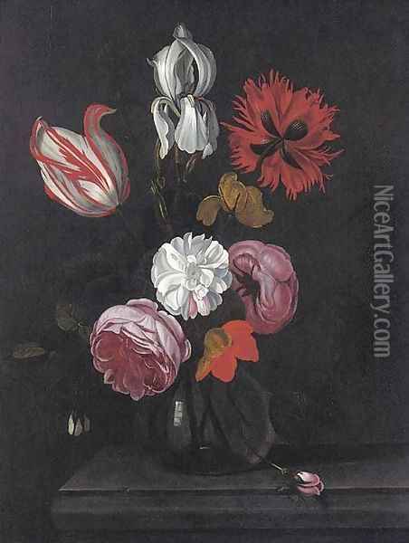 A parrot tulip, roses, an iris and other flowers in a glass vase on a stone ledge Oil Painting - Marten Nellius