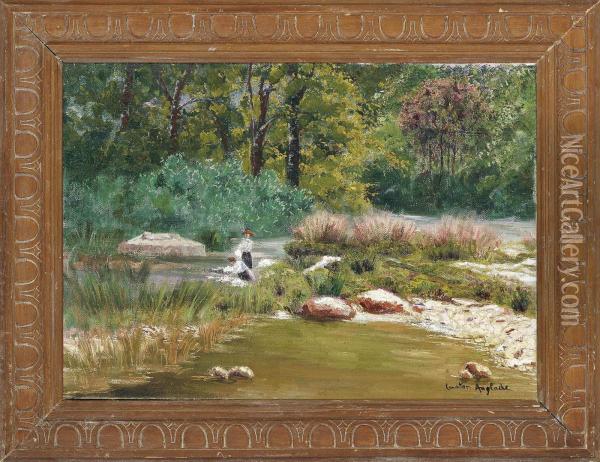 Washerwomen On The Riverbank Oil Painting - Gaston Anglade