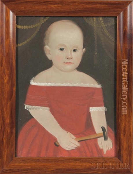 Portrait Of A Child In A Red Dress Holding A Hammer Oil Painting - William Matthew Prior