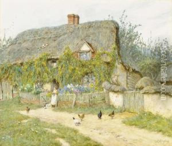 Feeding The Chickens, East Hagbourne Oil Painting - Helen Mary Elizabeth Allingham