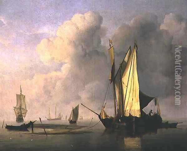 A Kaag Anchored by a Sandbank with Two Other Vessels Oil Painting - Willem van de Velde the Younger