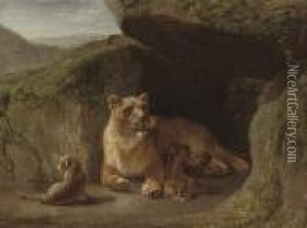 A Lioness With Her Cubs Oil Painting - Jean Baptiste Berre