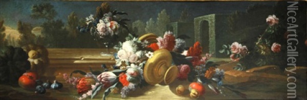 A Floral Still Life With A Watermelon In A Garden Landscape; A Floral Still Life With Fruit In A Garden Landscape (a Pair) Oil Painting - Gasparo Lopez