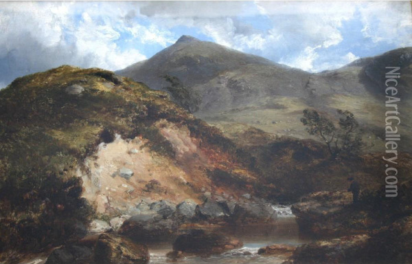 A Fisherman By A Highland Burn Oil Painting - James Poole