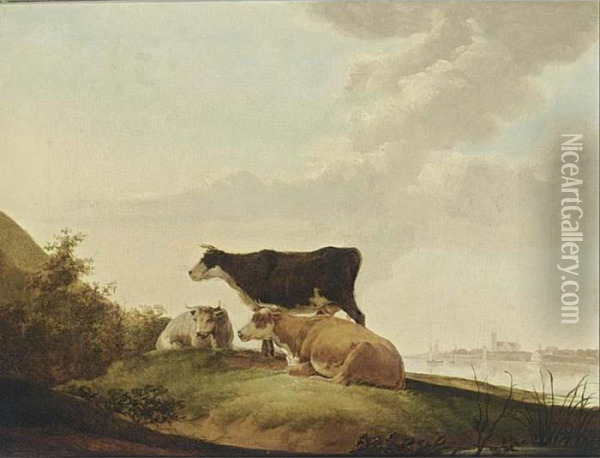 Cattle In A Landscape With A Town In The Background Oil Painting - Jacob Van Stry