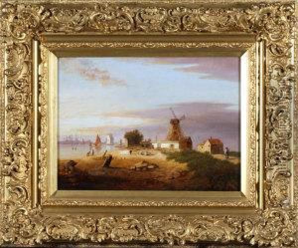 A Riverside Landscape With The Windmill Inn In The Foreground. Oil Painting - Frederick George Cotman