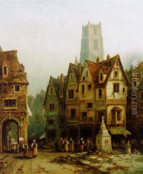 Figures In The Square, Brilon, Germany Oil Painting - Alfred Montague
