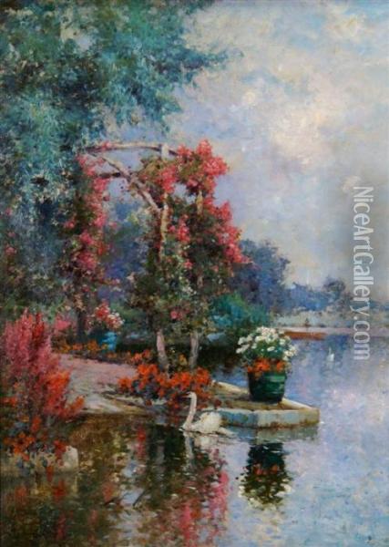 A Garden On The Upper Thames Oil Painting - Alfred de Breanski