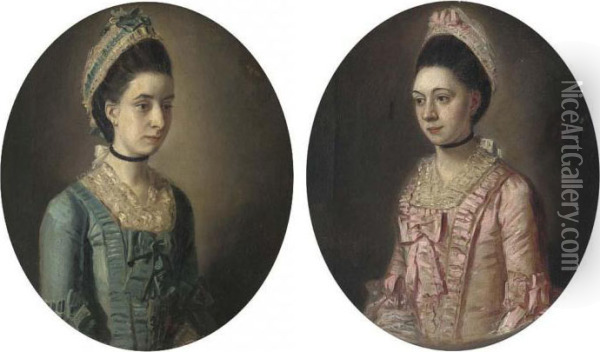 Portrait Of A Lady, Small 
Half-length, In A Pink Dress; Andportrait Of A Lady, Small Half-length, 
In A Blue Dress, In Apainted Oval Oil Painting - John Downman