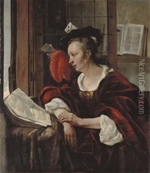 A Woman In A Red Velvet Dress And Wearing A Black Velvet Beret With Red Feather Plume Oil Painting - Gabriel Metsu