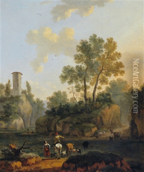 Italienische Landschaft Mit Einem Flusslauf, Einem Wachtturm Und Hirtenstaffage Oil Painting - Jacob De Heusch