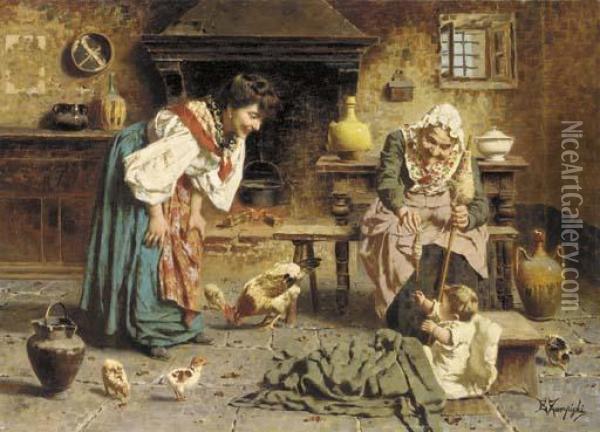 Playtime With Grandmother Oil Painting - Eugenio Zampighi