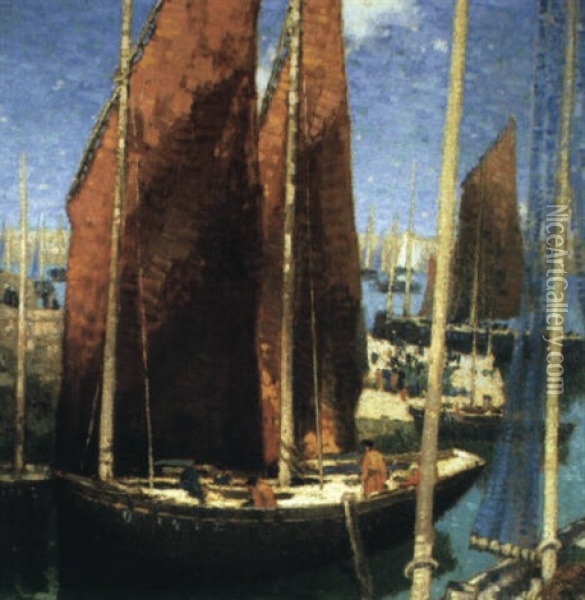 The Harbor, Douarnenez Brittany Oil Painting - George Elmer Browne