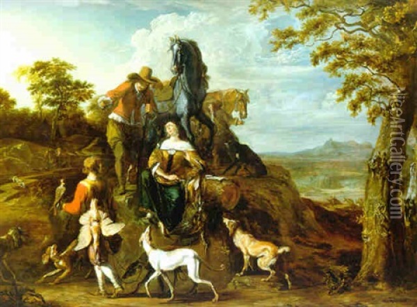 Rastende Reiter Nach Der Falkenjagd Oil Painting - Abraham Danielsz Hondius