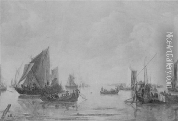 Dutch Vessels On An Estuary With Figures In A Ferry Oil Painting - Jan Van De Cappelle