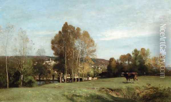 A Landscape with Cows Oil Painting - Eugene-Antoine-Samuel Lavielle