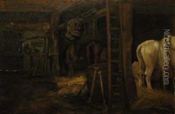 Paardenstal. Oil Painting - Jan Baptiste, Jan Stobbaerts