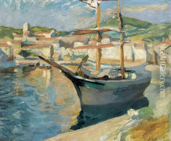 Hafenpartie Mit Segelboot In Sudlicher Stadt. Oil Painting - Maurice Denis