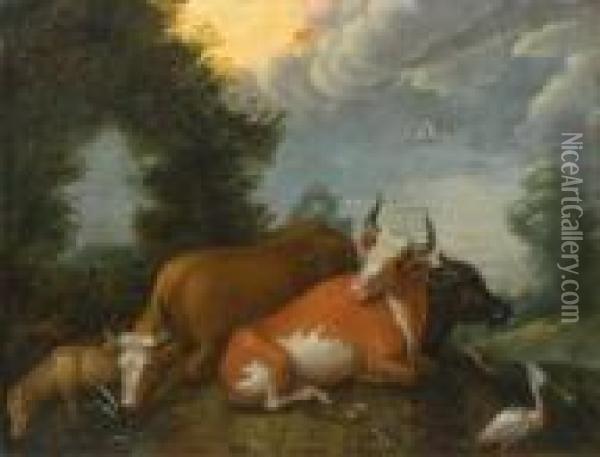Cows, Frogs And Birds In A Landscape Oil Painting - Roelandt Jacobsz Savery