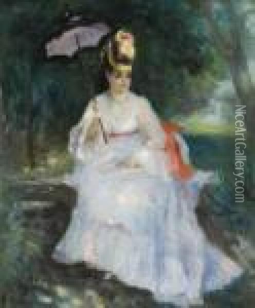 Femme A L'ombrelle Assise Dans Le Jardin (lise Trehot) Oil Painting - Pierre Auguste Renoir
