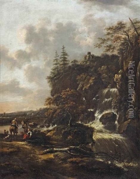 A Mountainous Landscape With A Waterfall Oil Painting - Nicolaes Molenaer