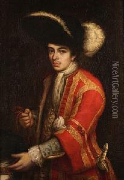Portrait Of A Young Man, 
Standing Half-length, In A Scarlet Coat, A Plumed Hat And Holding A 
Hound On A Leash At His Side Oil Painting - Vittore Ghislandi
