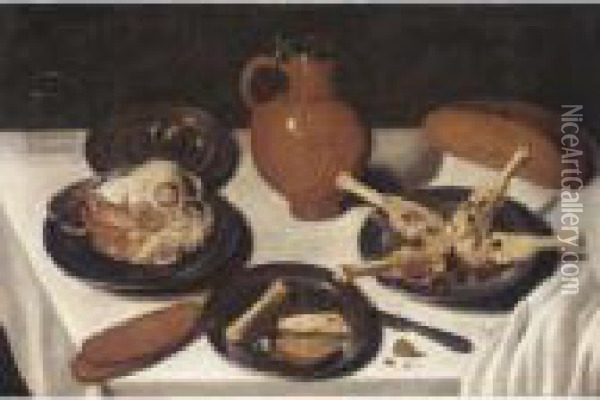 A Still Life With Various Cuts 
Of Meats On Pewter Plates Together With An Earthenware Flagon, A Glass 
And A Loaf Of Bread Oil Painting - Georg Flegel