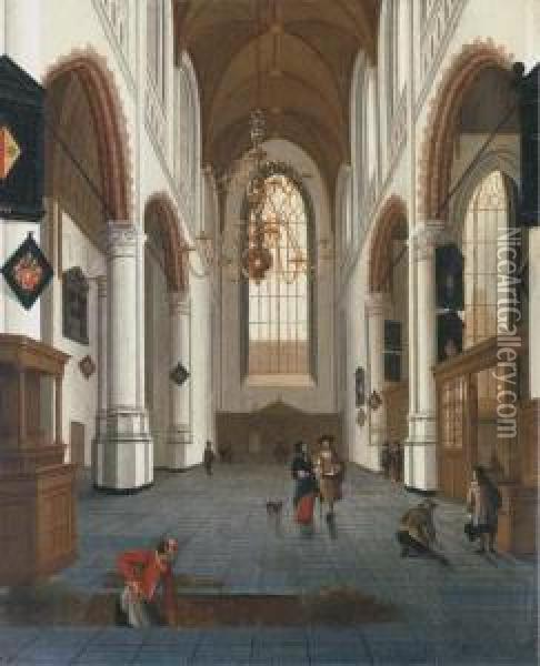The Oude Kerk In Delft With A Grave Digger In The Foreground Oil Painting - Hendrick Van Vliet