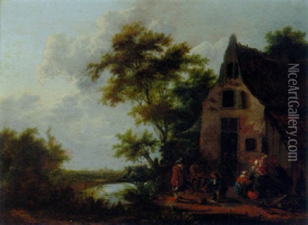 A River Landscape With Figures Before A Cottage With A Man Buying Fish Oil Painting - Cornelis Snellinck