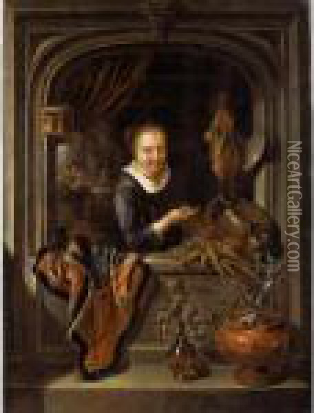 A Girl In A Stone Archway Holding Up A Pheasant Oil Painting - Gerrit Dou