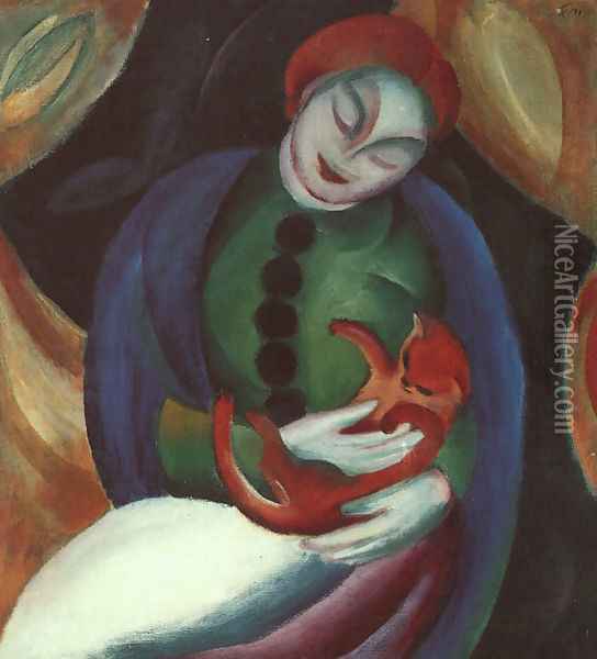Girl with Cat II Oil Painting - Franz Marc