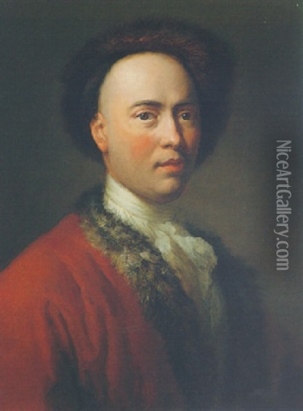 A Self-portrait In A Fur-trimmed Red Gown, A White Shirt And A Fur Cap Oil Painting - George de Marees
