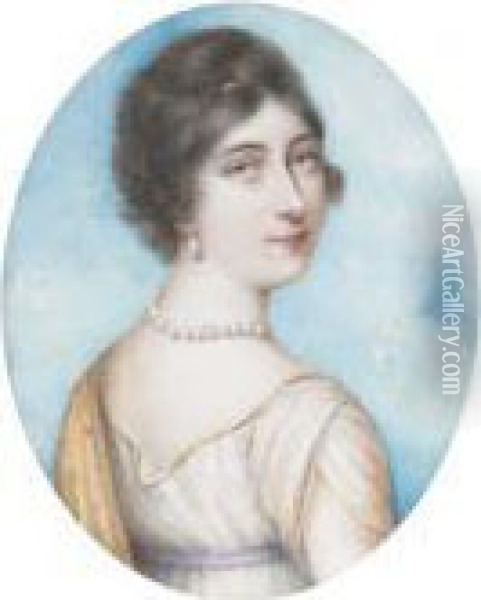 Countess Of Donoughmore (nee 
Hutchinson), In White Dress With Lilacsash, A Yellow Floral Stole Over 
Her Shoulders, Pearl Necklace Andearring; Sky Background Oil Painting - Richard Cosway