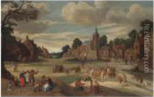A Busy Village Scene With Numerous Figures, Near A Churchtower Oil Painting - Joost Cornelisz. Droochsloot