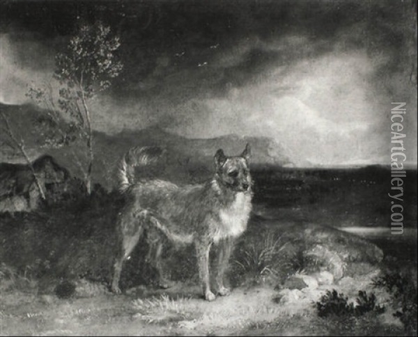 Study Of A Dog With Cottage And Landscape Beyond Oil Painting - Edmund Bristow