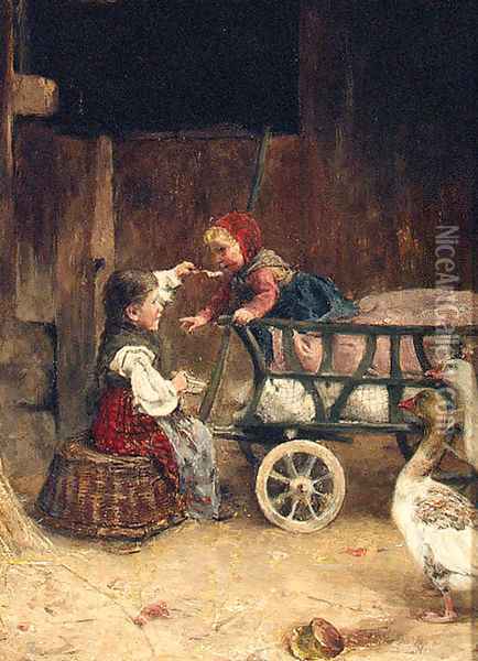 Feeding The Baby Oil Painting - Theodor Gustav Ernst Schmidt