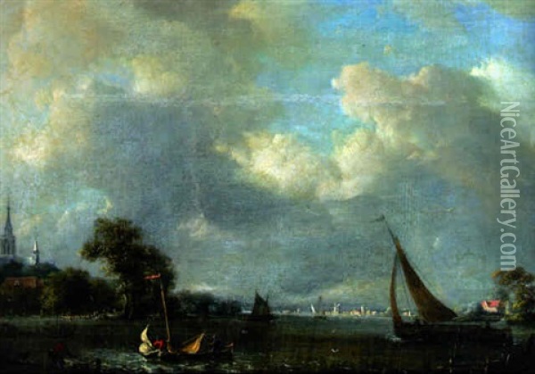Barges On A River Near A Church, A Town Beyond Oil Painting - Jacob Van Ruisdael
