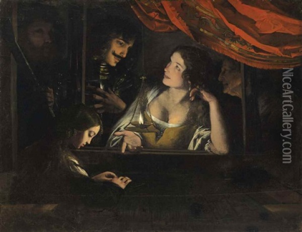 Figures In An Interior Around A Lantern Oil Painting - Pietro Paolini